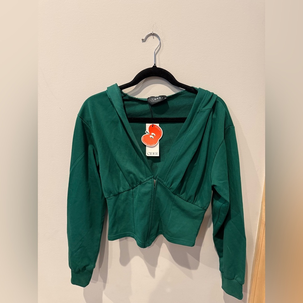 Cider Emerald Green Cropped Hooded Corset Zip-Up Top - Picture 2 of 5